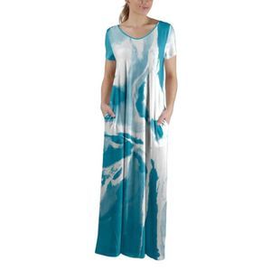 Beyond This Plane Turquoise & White Abstract Short Sleeve Maxi Dress Size 4X/22W